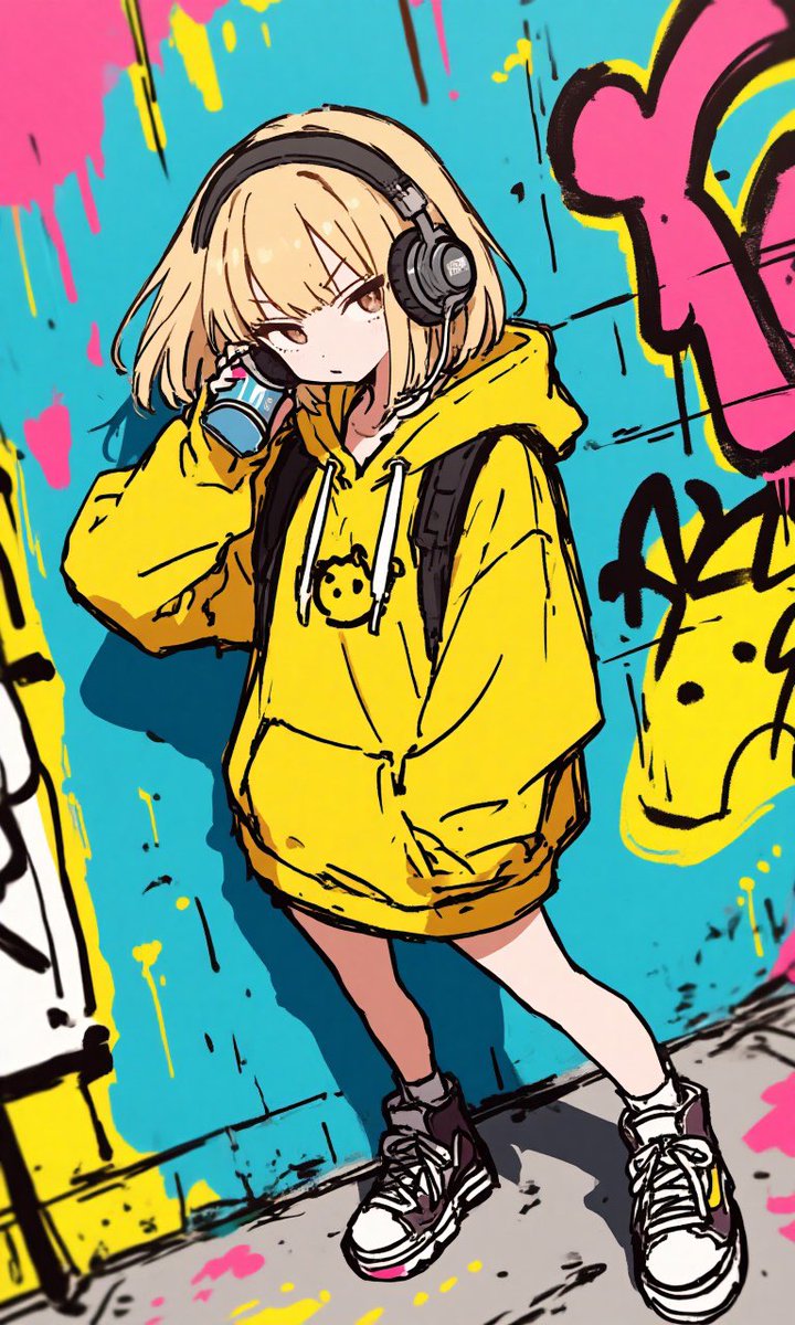 Anime Graffiti Girl Transformation のQwen Imageプロンプト例: This prompt turns a reference fashion photo into a bold anime-style street-art character illustration while preserving the...