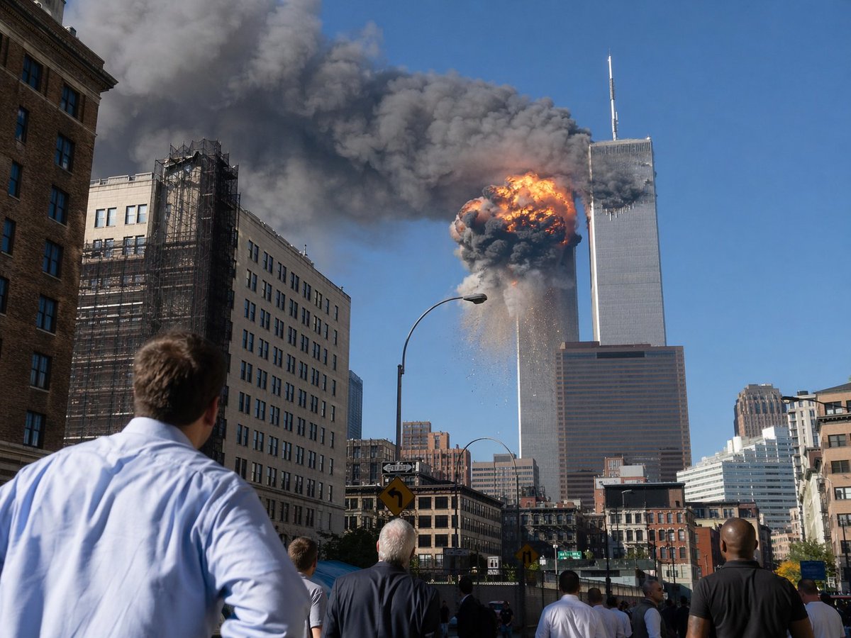 9/11 Twin Towers Street Photo 的 Qwen Image 提示词示例图：This prompt generates a realistic documentary-style image of the World Trade Center attack as seen by onlookers from a Manhattan...