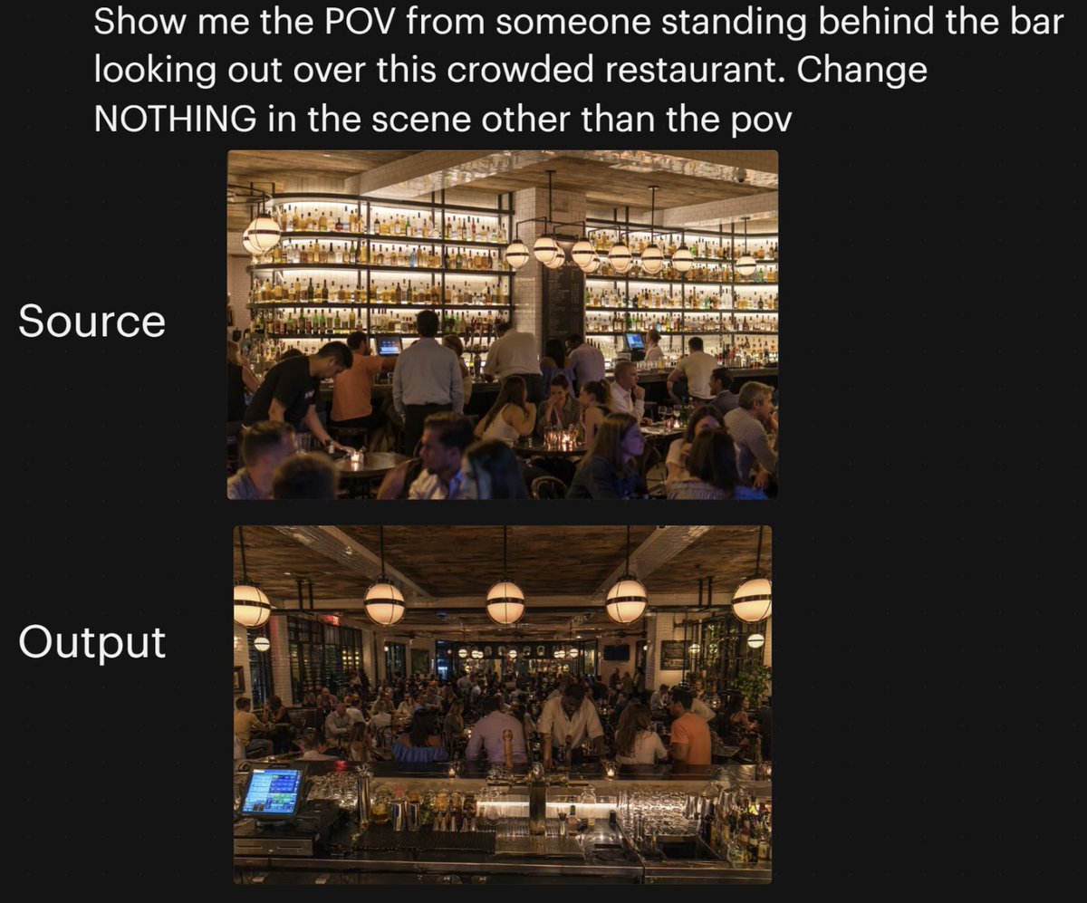 Restaurant POV Change Comparison Qwen Image 프롬프트 예시: A social-style comparison graphic showing a crowded restaurant scene before and after a dramatic camera angle shift, useful...