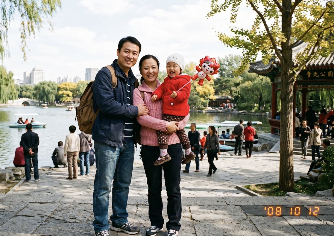 2008 Chinese Family Park Snapshot Qwen Image 프롬프트 예시: This prompt generates a nostalgic photorealistic late-2000s family snapshot in a Chinese lakeside park, useful for...