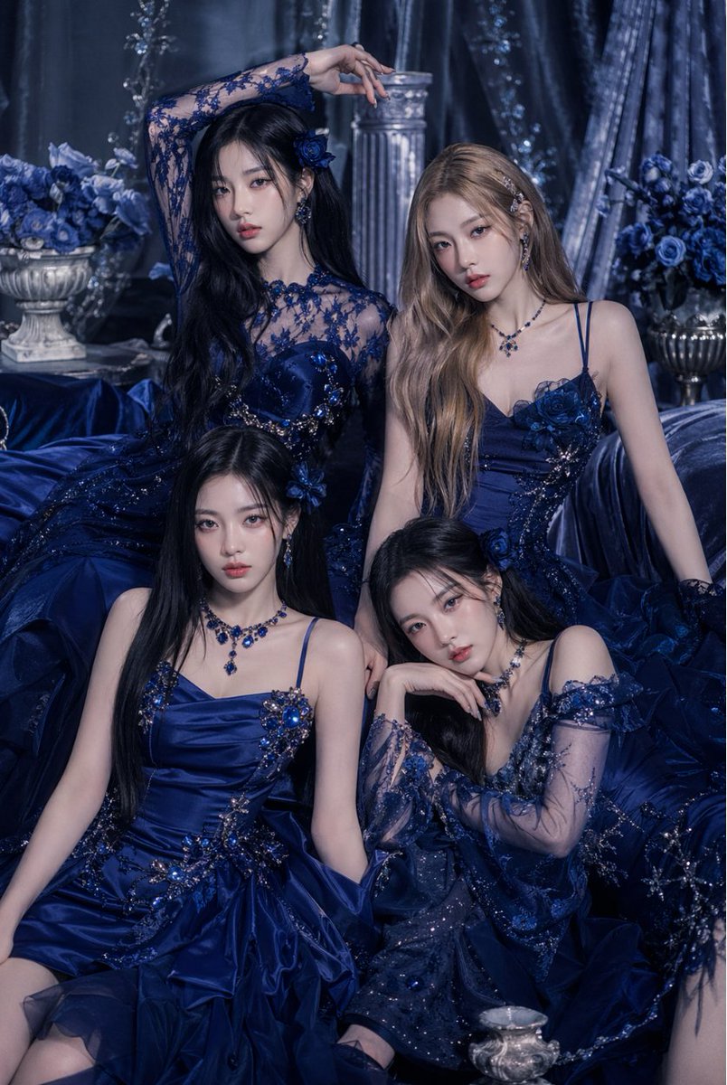 Royal Blue Couture Group Portrait のQwen Imageプロンプト例: This prompt generates an opulent fashion editorial image of four women in coordinated sapphire gowns, ideal for luxury...