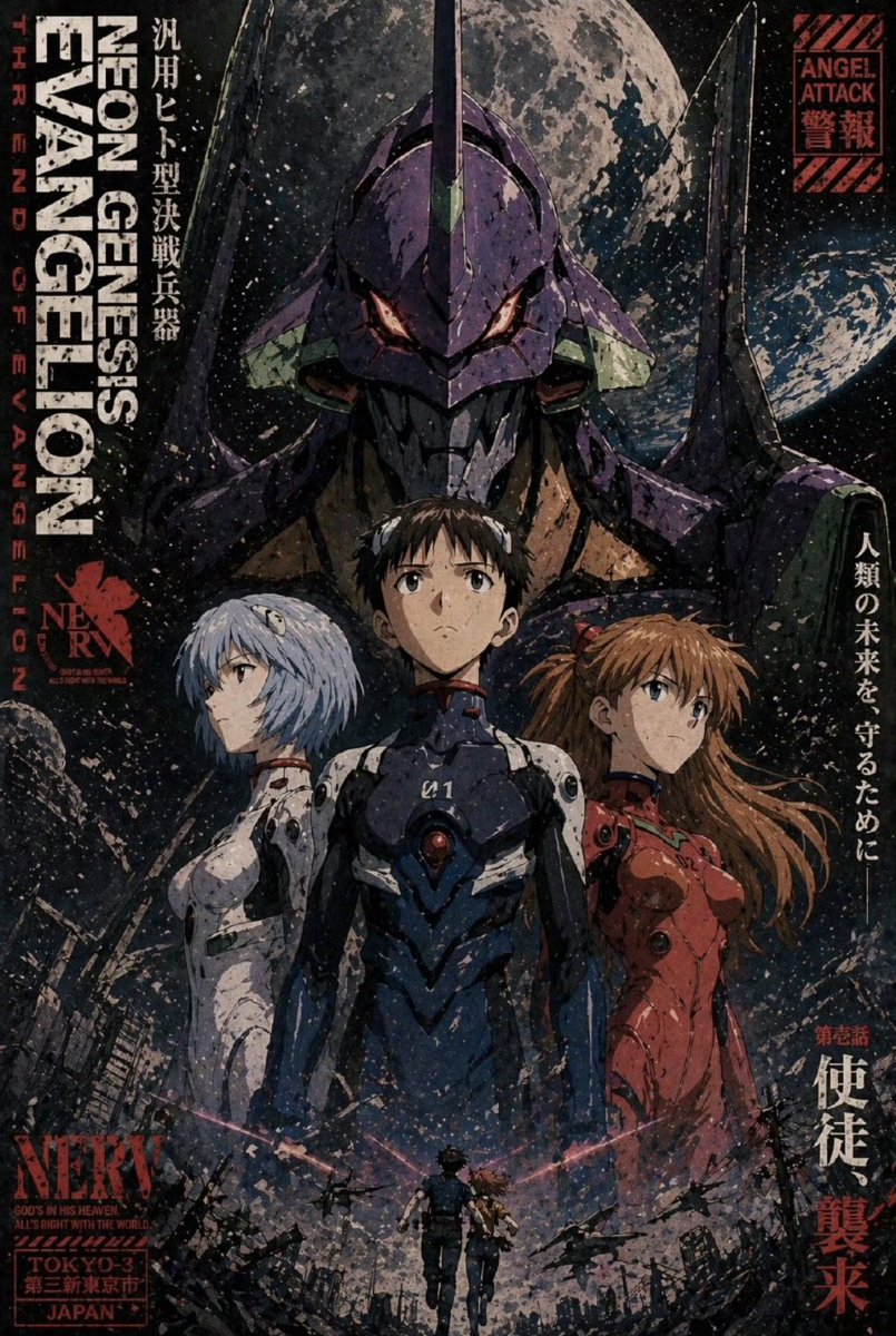 Gritty Evangelion Poster Qwen Image prompt example: This prompt generates a dark, distressed retro-anime mecha poster suitable for cinematic fan art, collectible prints, or...