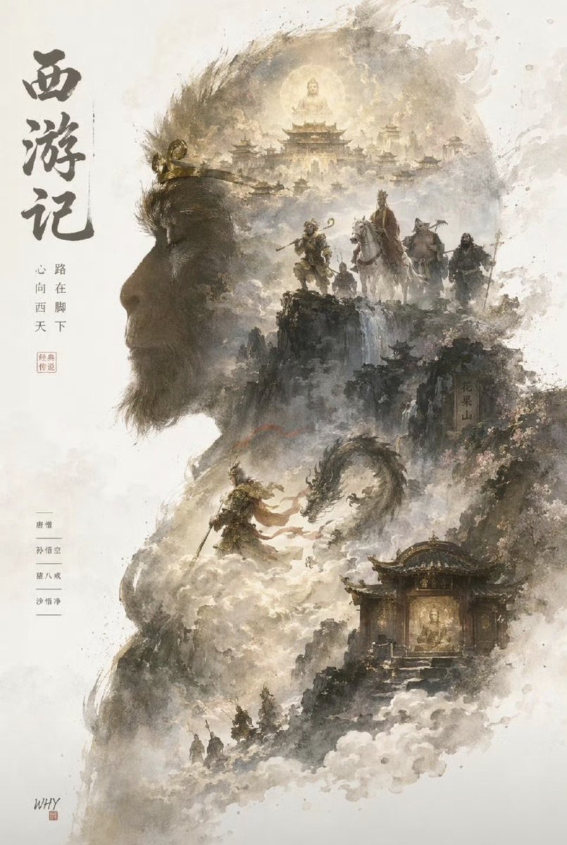 Journey to the West Ink Poster Qwen Image prompt example: This prompt generates a refined Chinese ink-wash fantasy poster using a double-exposure character silhouette, ideal for...