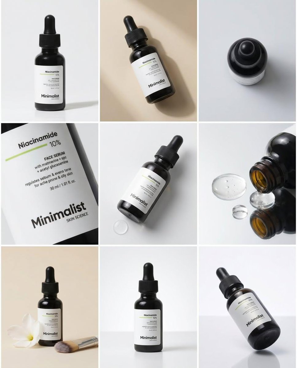 Minimalist Serum Product Collage GPT Image 2 prompt example: A clean 3x3 commercial skincare collage showcasing a niacinamide serum bottle from multiple studio angles for beauty...