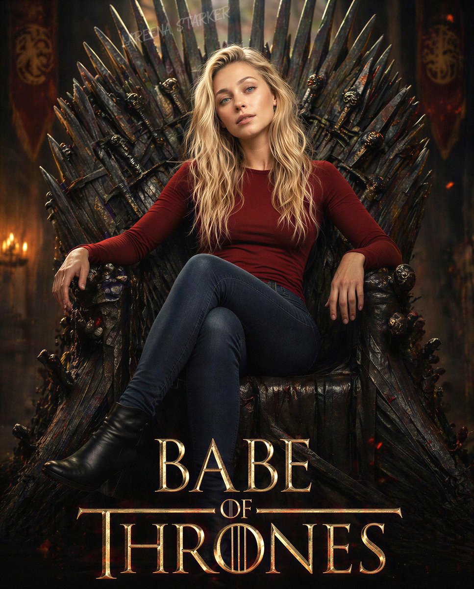 Modern Queen on Iron Throne Poster のQwen Imageプロンプト例: A dramatic fantasy parody poster of a modern woman casually ruling from a sword throne, ideal for personalized epic...