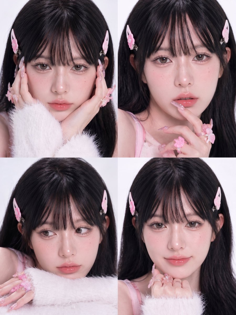 Pink Kawaii Beauty Collage のQwen Imageプロンプト例: This prompt generates a soft studio-style four-panel beauty collage of a feminine model in pink accessories and fluffy white...