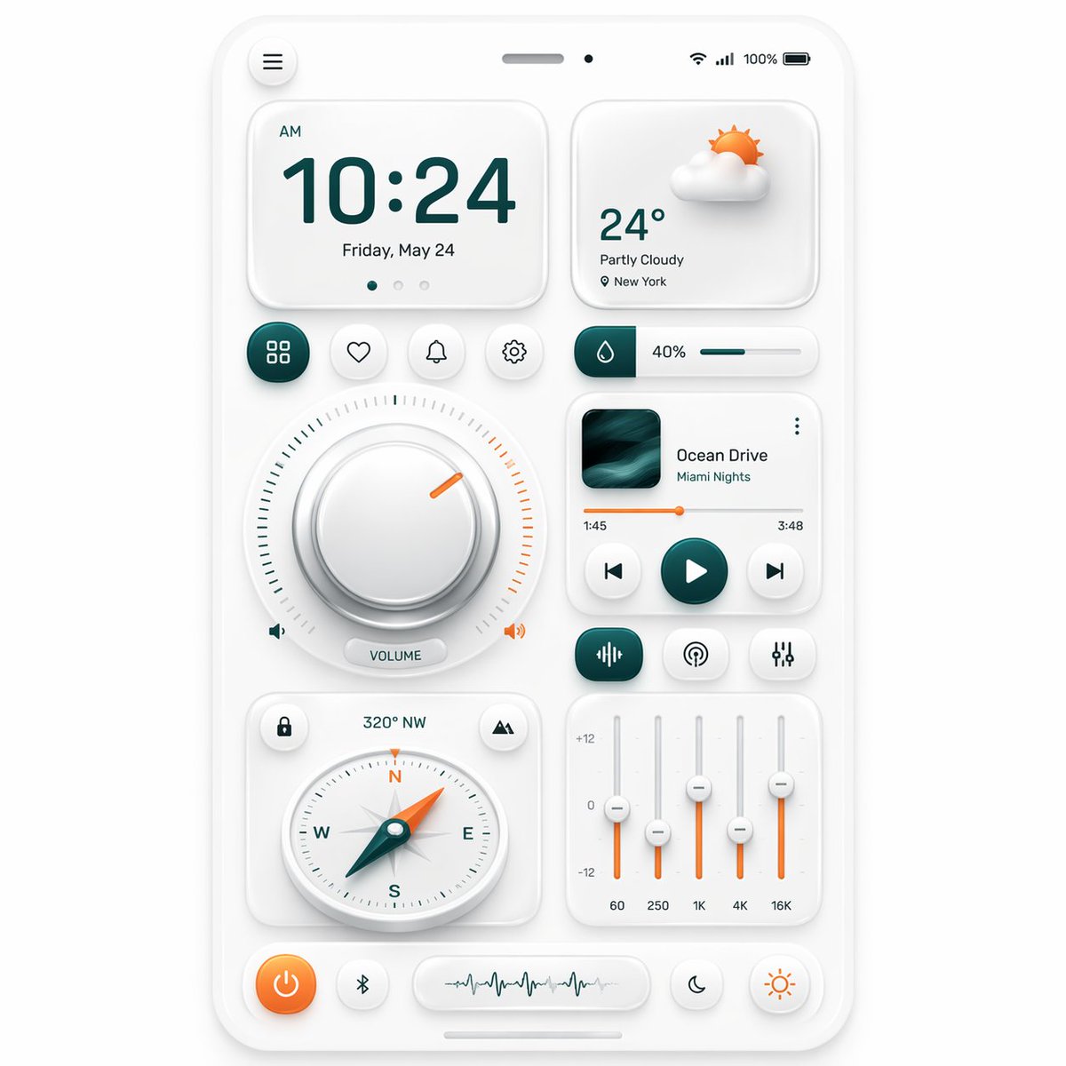 Neumorphic Smart Dashboard UI のQwen Imageプロンプト例: This prompt generates a polished neumorphic smartphone control dashboard mockup for app design showcases, UI concept art, and...