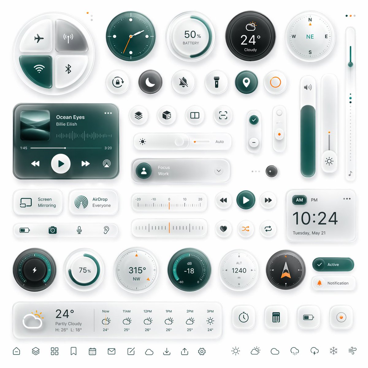 Glassmorphism Smart UI Kit GPT Image 2 prompt example: A polished futuristic dashboard interface kit with many glassmorphism widgets, ideal for app UI concept renders, product...