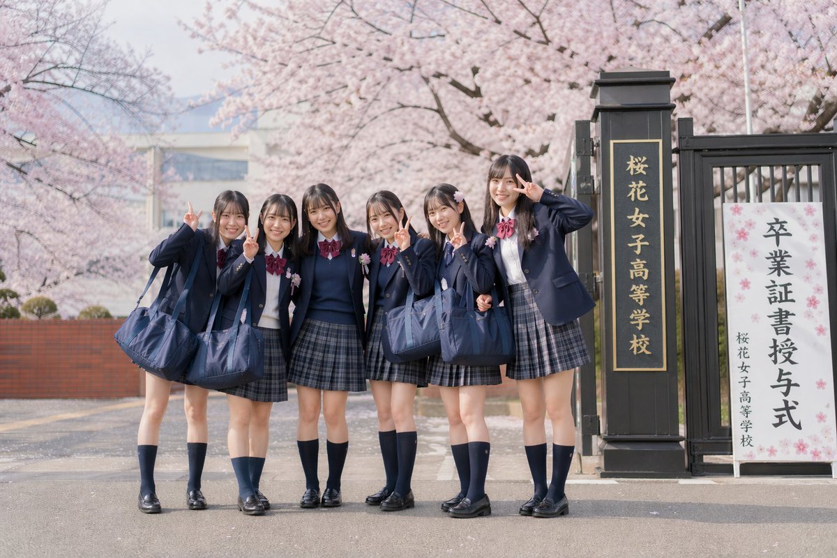 Japanese Graduation Photo Under Sakura Qwen Image prompt example: This prompt generates a realistic nostalgic group portrait of 6 Japanese schoolgirls in uniform posing with...