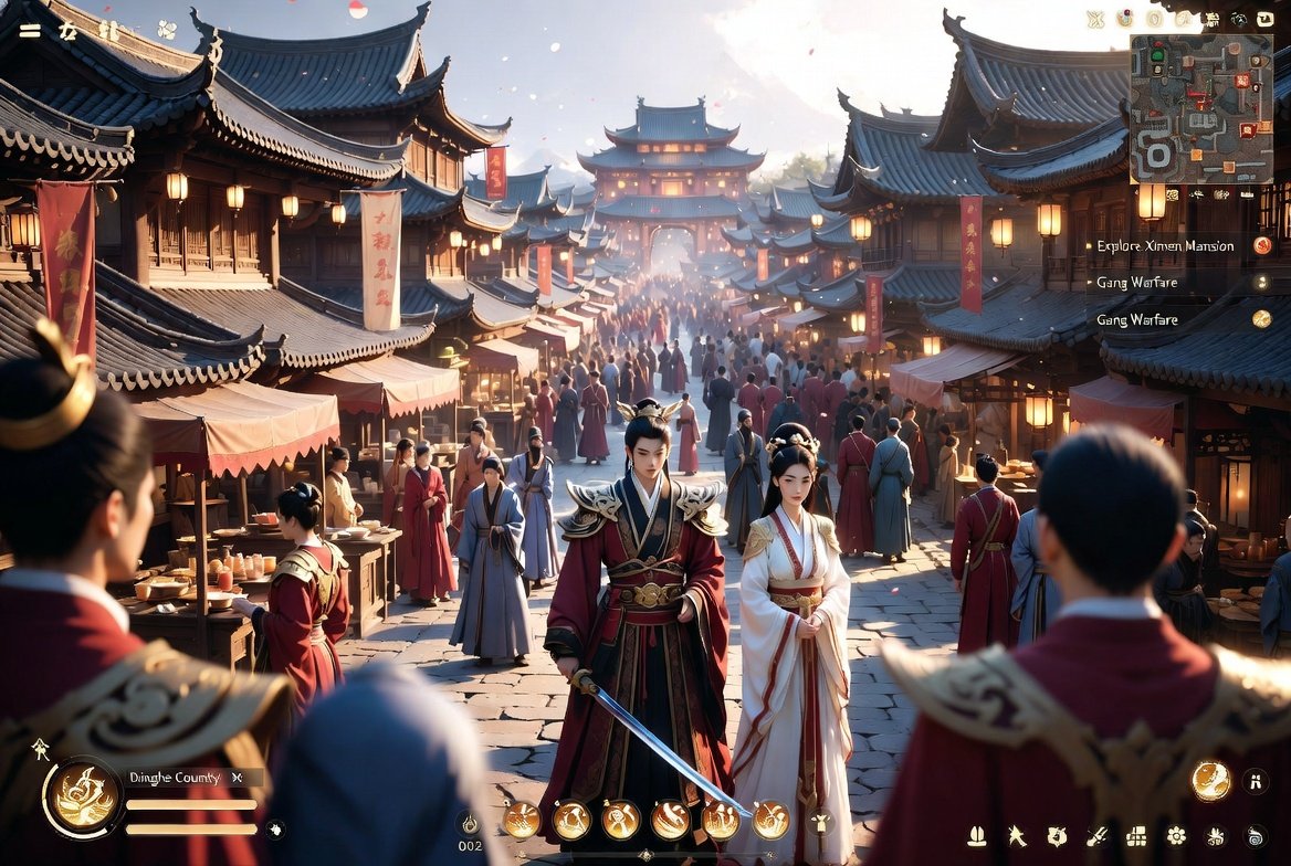 Ancient Chinese RPG Market Screenshot Qwen Image 프롬프트 예시: This prompt generates a cinematic fantasy game UI screenshot of a bustling ancient Chinese town street, useful for RPG...