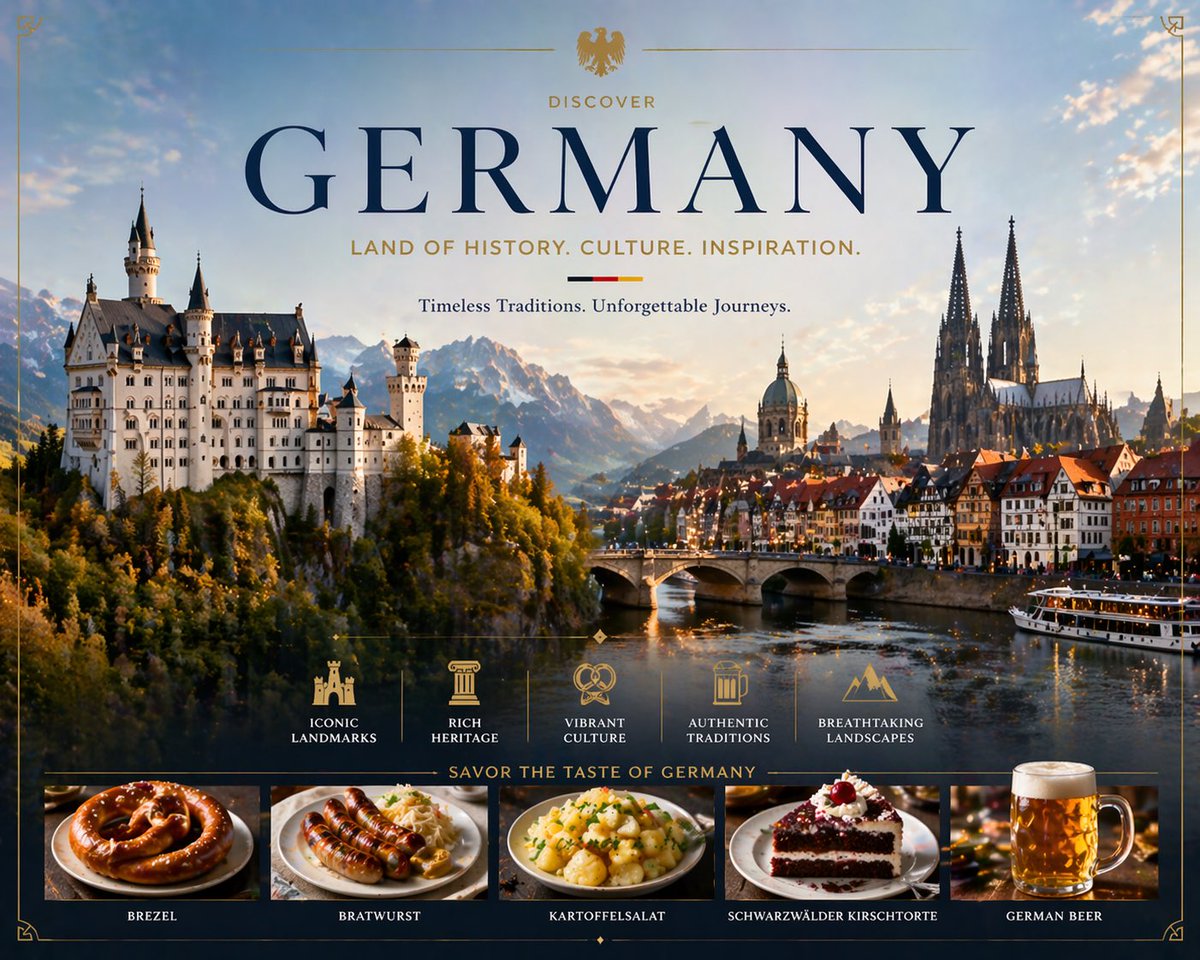 Luxury Germany Travel Poster Qwen Image prompt example: A refined tourism poster showcasing Germany’s iconic landmarks, cultural highlights, and traditional foods, ideal for...