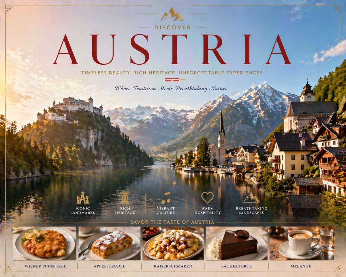 Luxury Austria Travel Poster Qwen Image prompt example: This prompt generates an elegant tourism poster for Austria, ideal for travel marketing, destination showcases, or...