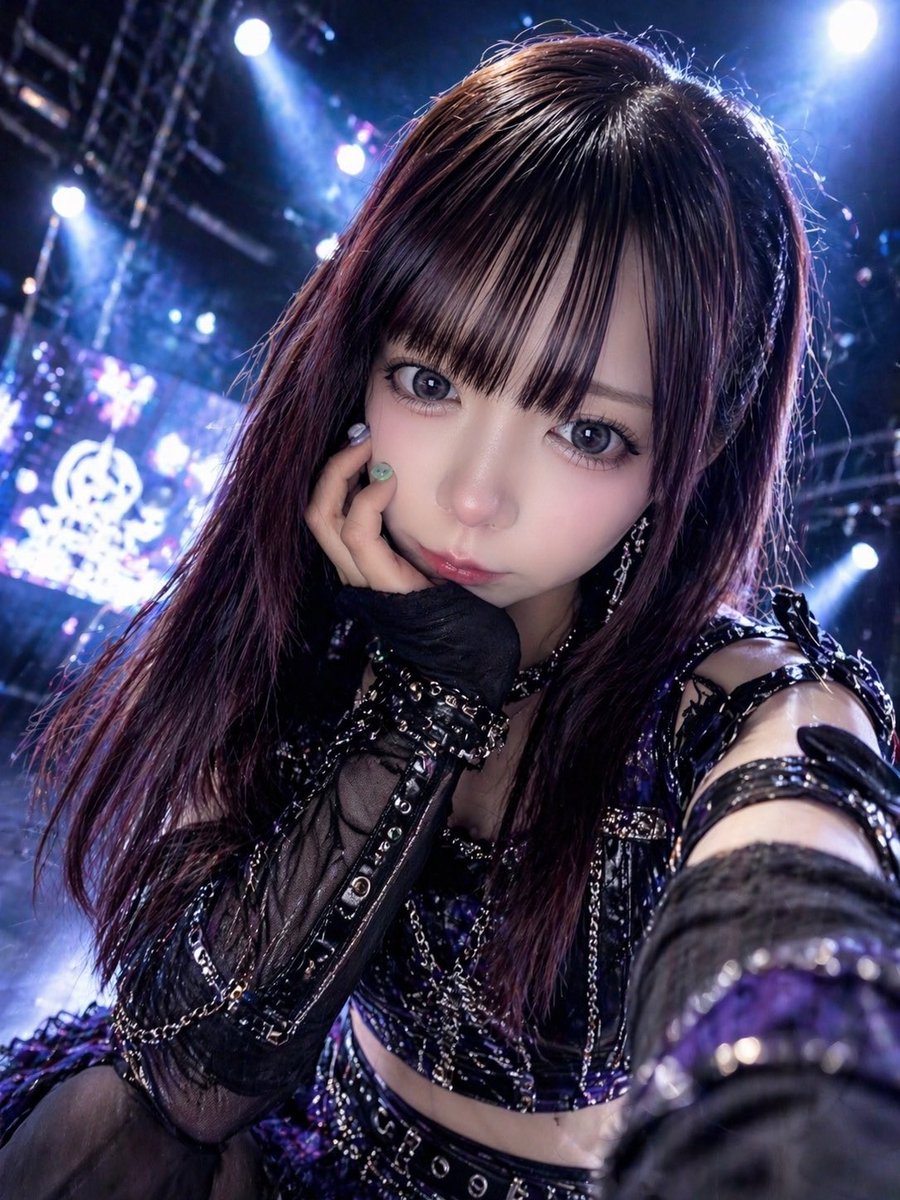 Gothic Idol Concert Selfie のQwen Imageプロンプト例: A vertical close-up concert portrait of a gothic-style idol leaning into the camera, ideal for generating dramatic live-performance...