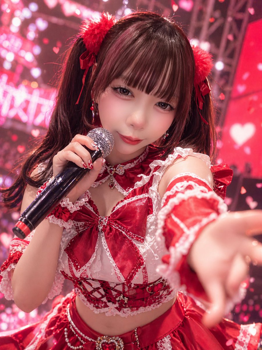 Red Idol Concert Close-Up Qwen Image prompt example: This prompt generates a photorealistic close-up of a J-pop-style idol performing on stage, ideal for concert posters, fan art...