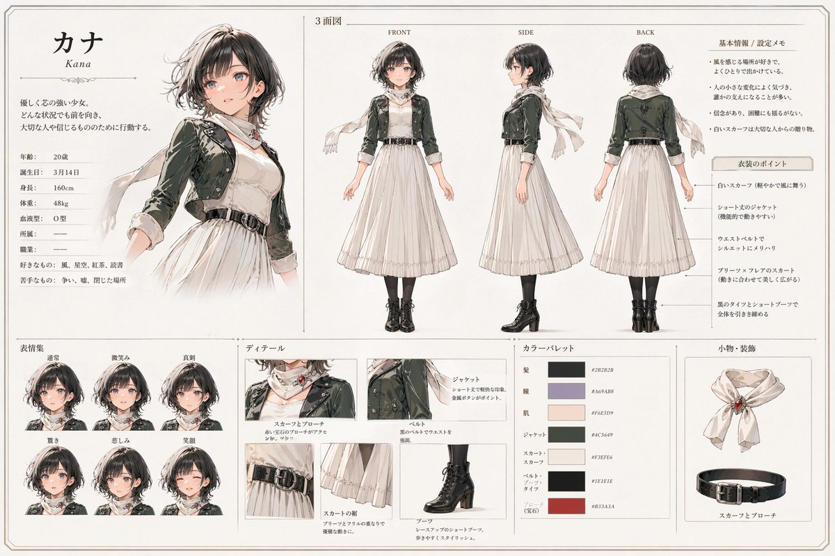 Kana Anime Character Reference Sheet のQwen Imageプロンプト例: A polished Japanese-style anime character sheet showing one girl with profile text, a three-view turnaround, six...