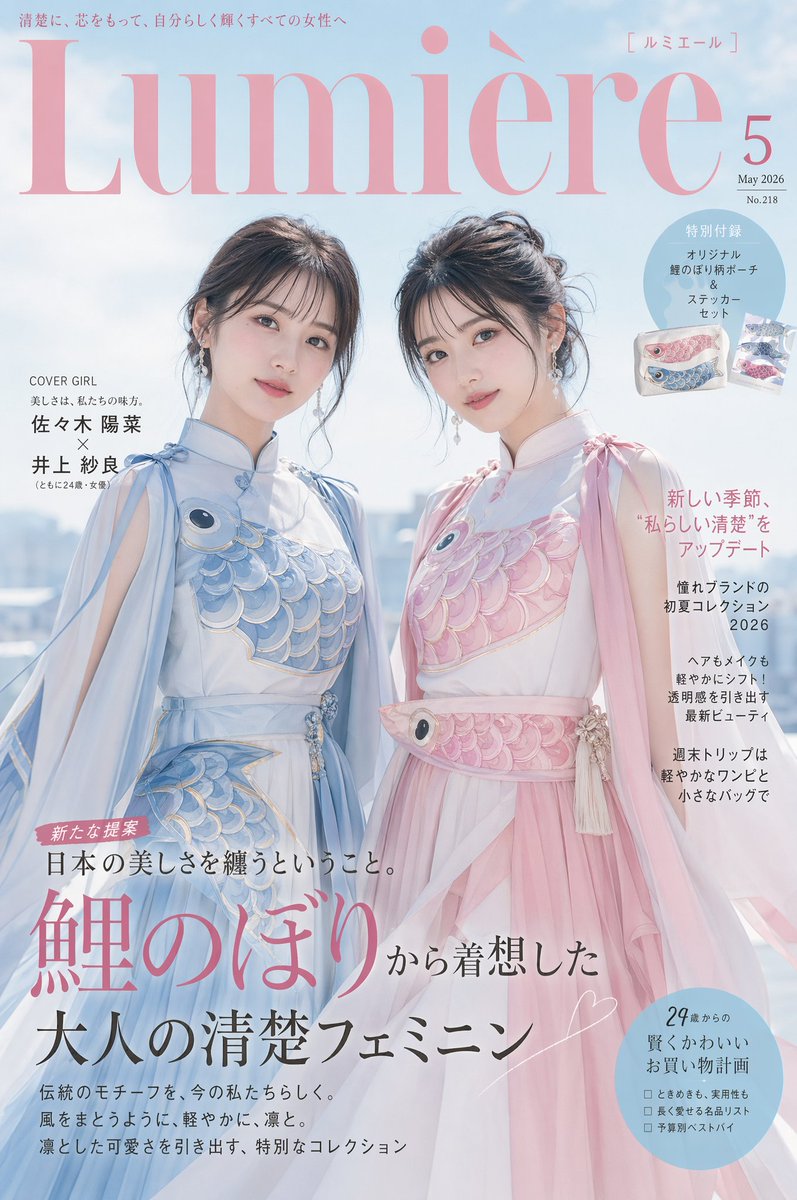 Japanese Fashion Cover with Koinobori Dresses Qwen Image prompt example: This prompt generates a polished Japanese magazine cover featuring two women in pastel...