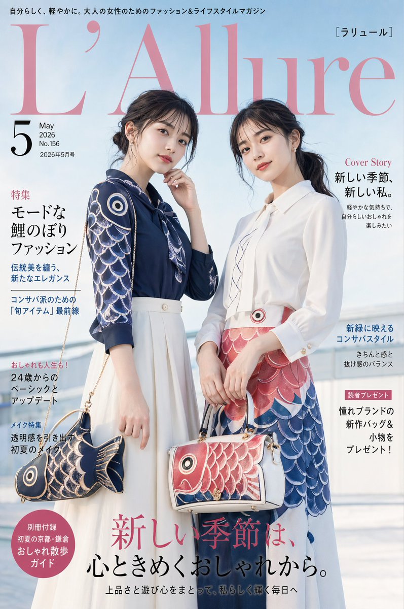 Japanese Koinobori Fashion Magazine Cover Qwen Image prompt example: A luxury Japanese women's magazine cover featuring two models in koi streamer-inspired outfits, ideal for...