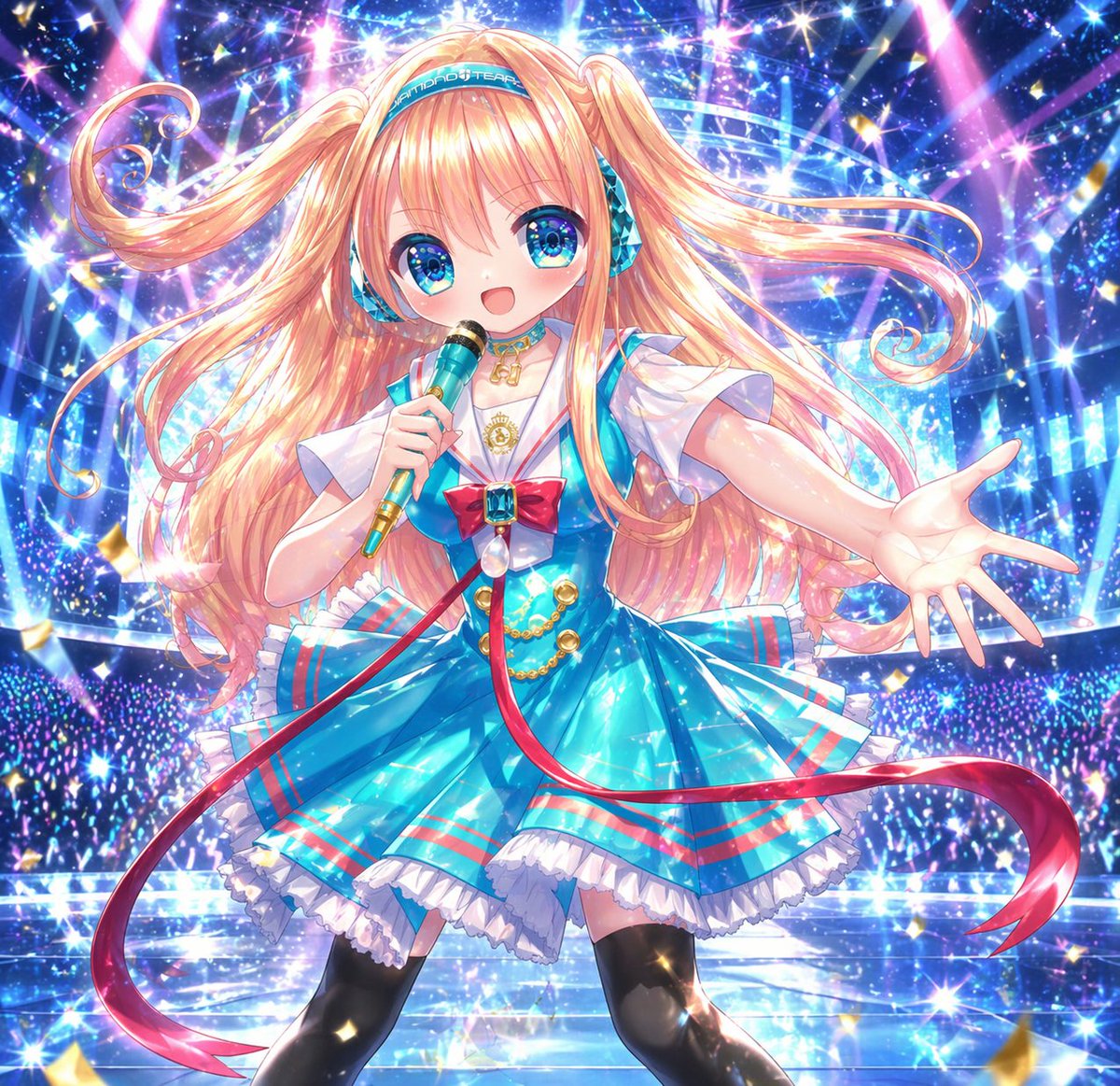 Sparkling Anime Idol Concert Portrait Qwen Image prompt example: This prompt generates a polished anime-style virtual idol performance illustration, ideal for VTuber promo art,...