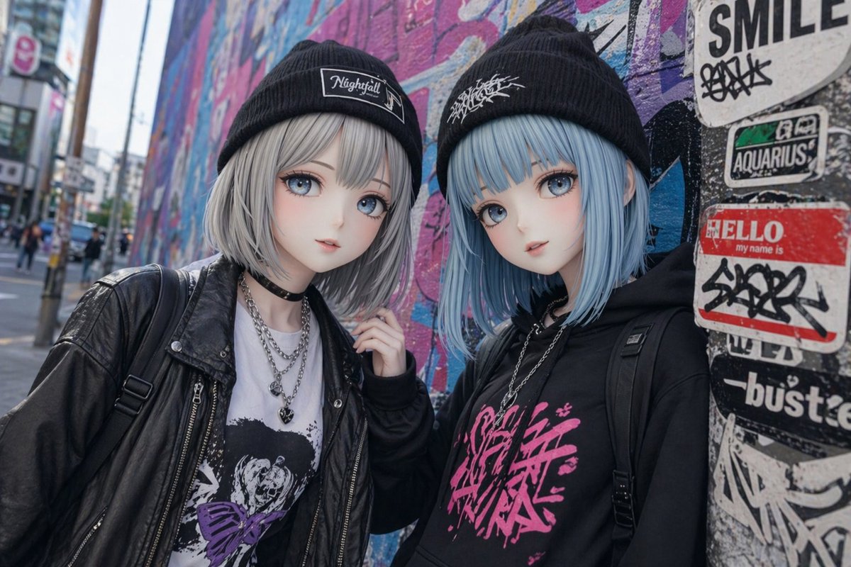 Kawaii Street Fashion Duo Portrait Qwen Image prompt example: This prompt generates a stylish two-girl urban fashion portrait with Japanese streetwear and graffiti-wall...