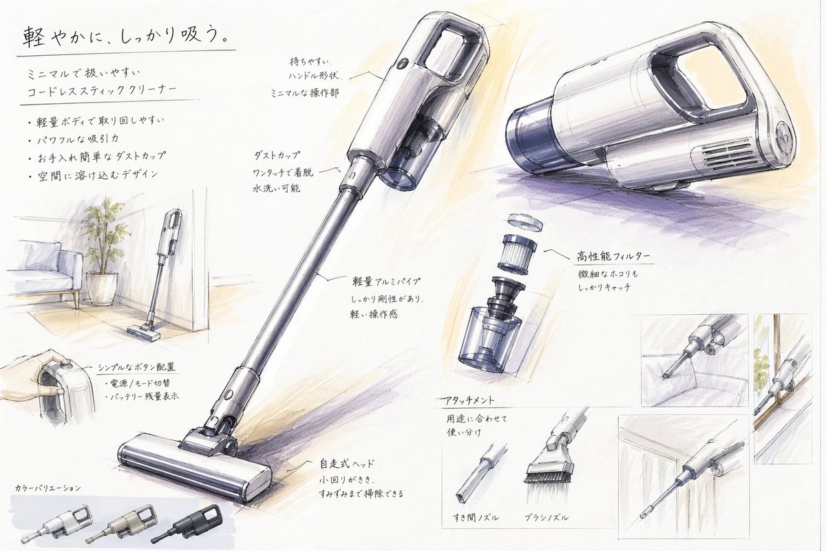 Japanese Vacuum Design Sketch Board のQwen Imageプロンプト例: A hand-rendered industrial design presentation sheet for a minimalist cordless stick vacuum, useful for generating concept...
