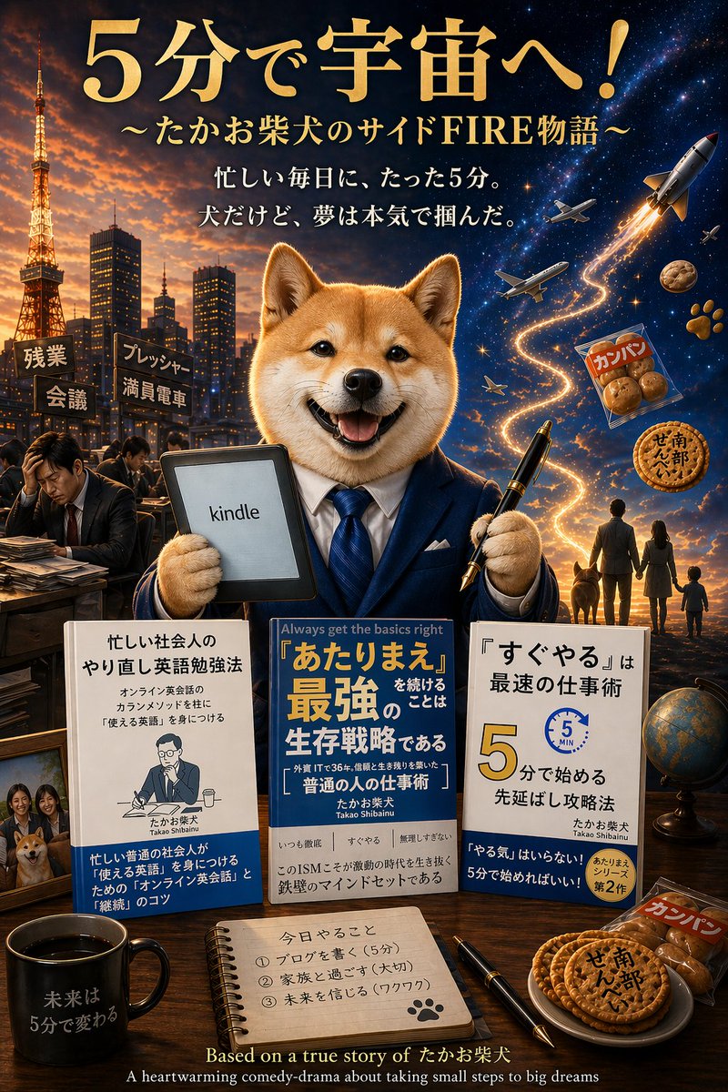 Shiba Inu Space Dream Poster のQwen Imageプロンプト例: A cinematic Japanese poster featuring a business-suited Shiba Inu, self-help books, and a surreal path from office burnout to...