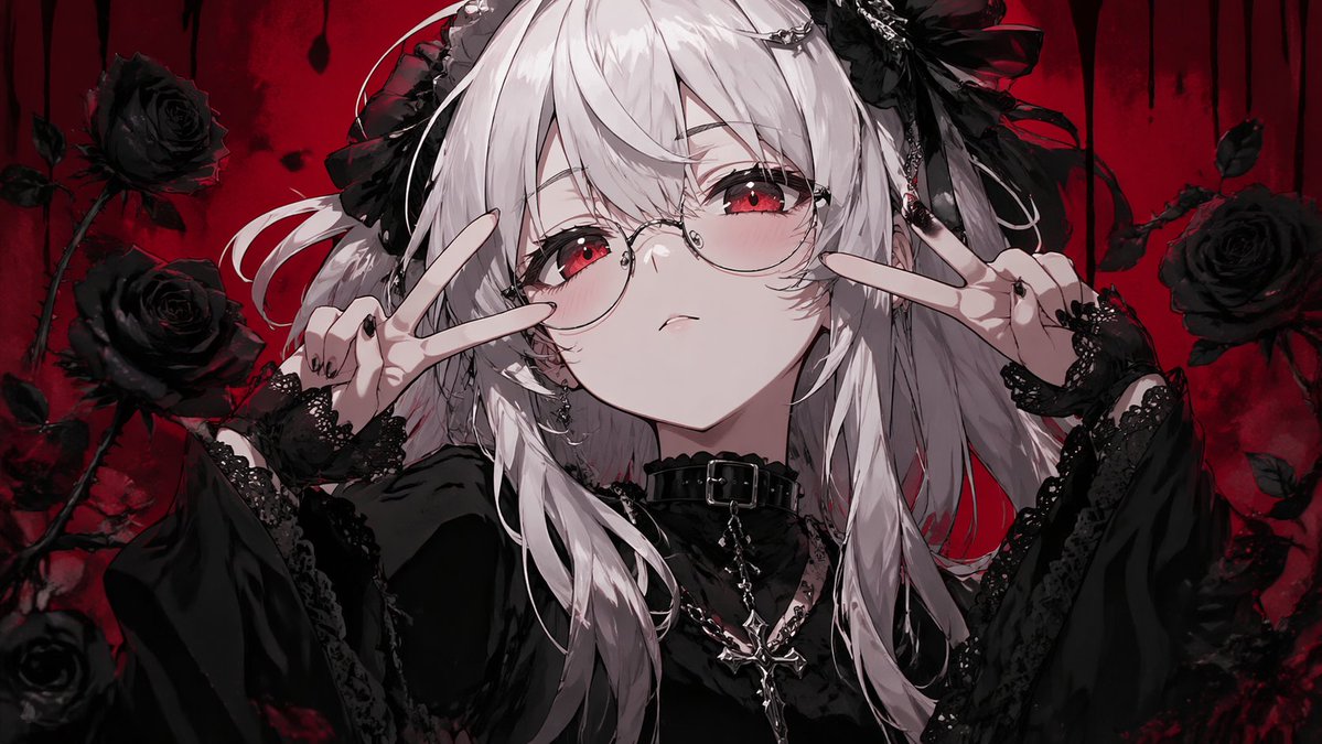 Gothic Anime Girl with Black Roses 的 Qwen Image 提示词示例图:This prompt generates a dramatic red-and-black gothic anime portrait, ideal for character art, profile images, or dark...