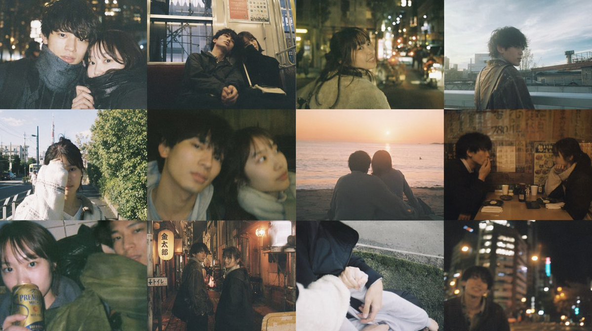 Cinematic Couple Memory Collage Qwen Image 프롬프트 예시: A 12-photo nostalgic collage of a young couple's candid urban moments, ideal for generating moodboards, album-cover visuals,...