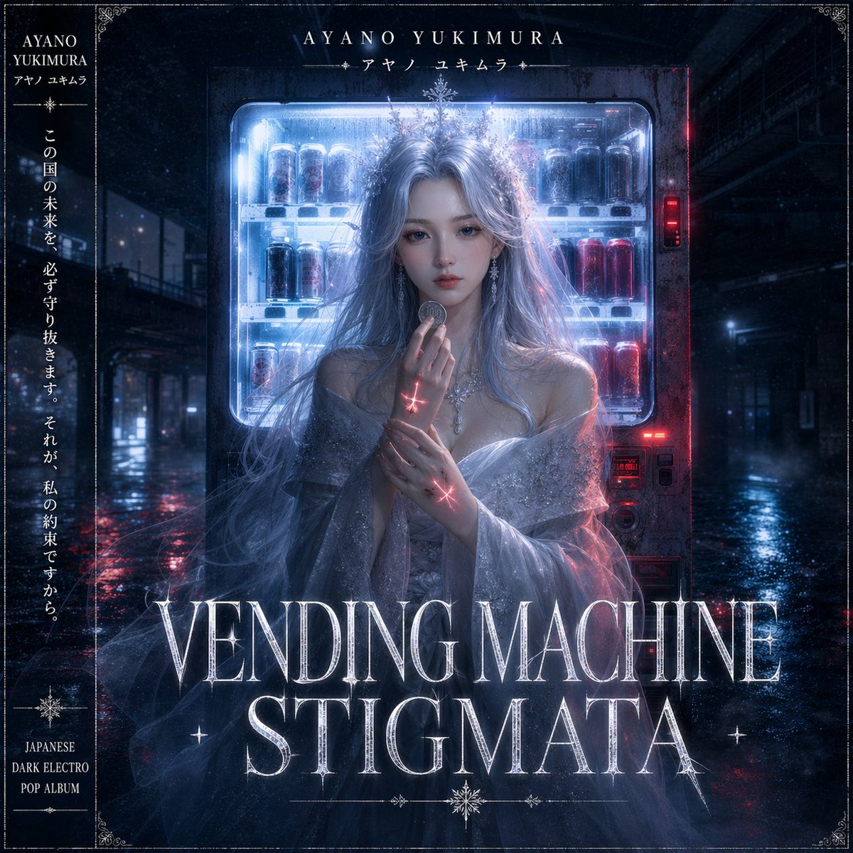 Dark Electro Album Cover のQwen Imageプロンプト例: A moody fantasy-photoreal CD jacket prompt for generating a Japanese dark electro pop album cover with a mystical woman, neon vending...