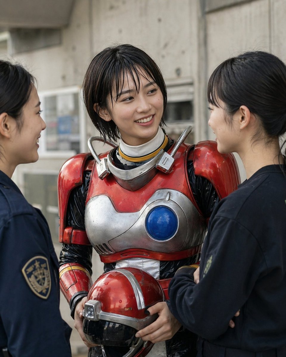 Retro Sci-Fi Heroine With Police 的 Qwen Image 提示词示例图：This prompt generates a realistic cinematic portrait of a worn armored heroine holding her helmet while being confronted by...