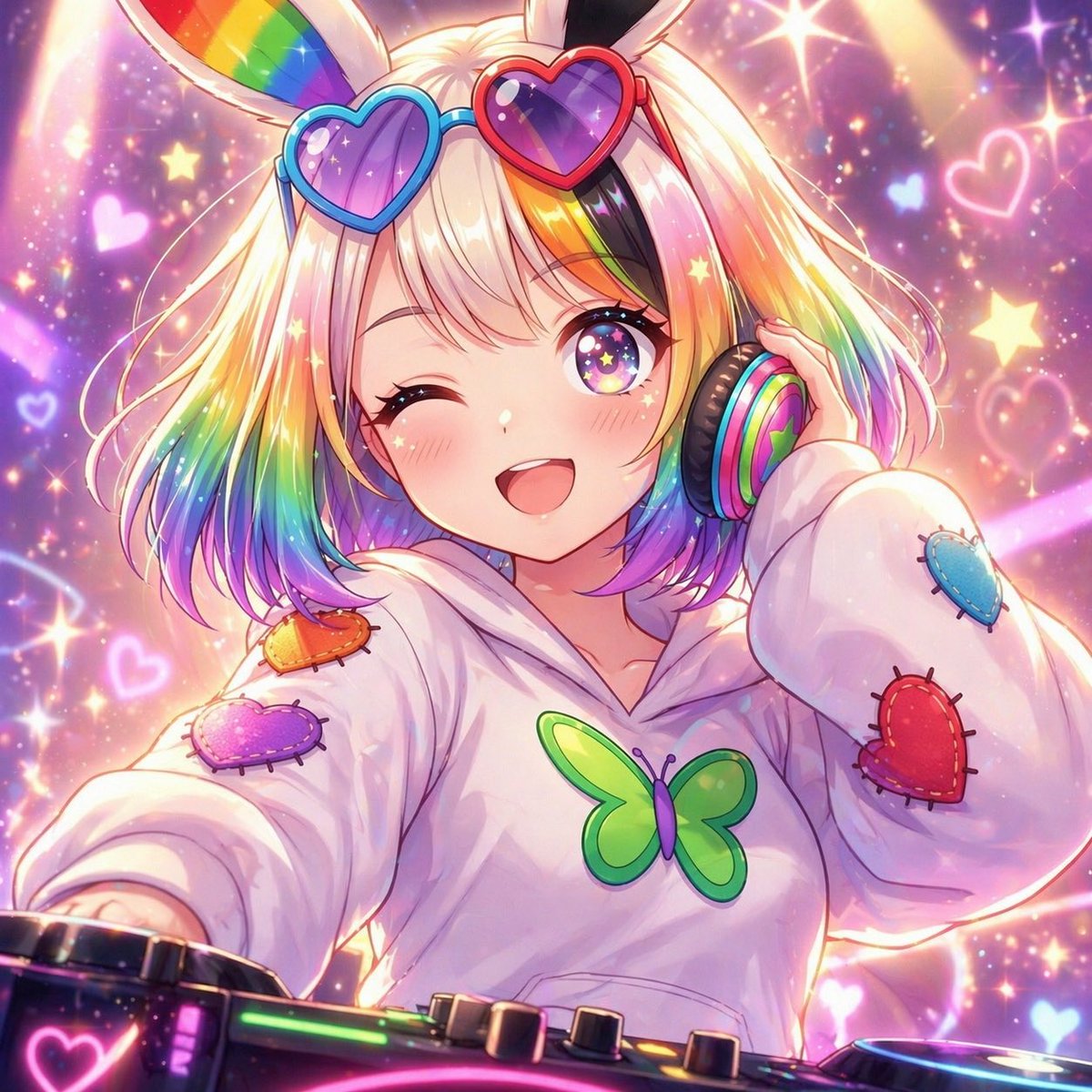 Rainbow Bunny DJ Anime Portrait Qwen Image prompt example: This prompt generates a colorful anime DJ-girl portrait with bunny ears, rainbow styling, and a sparkling club...