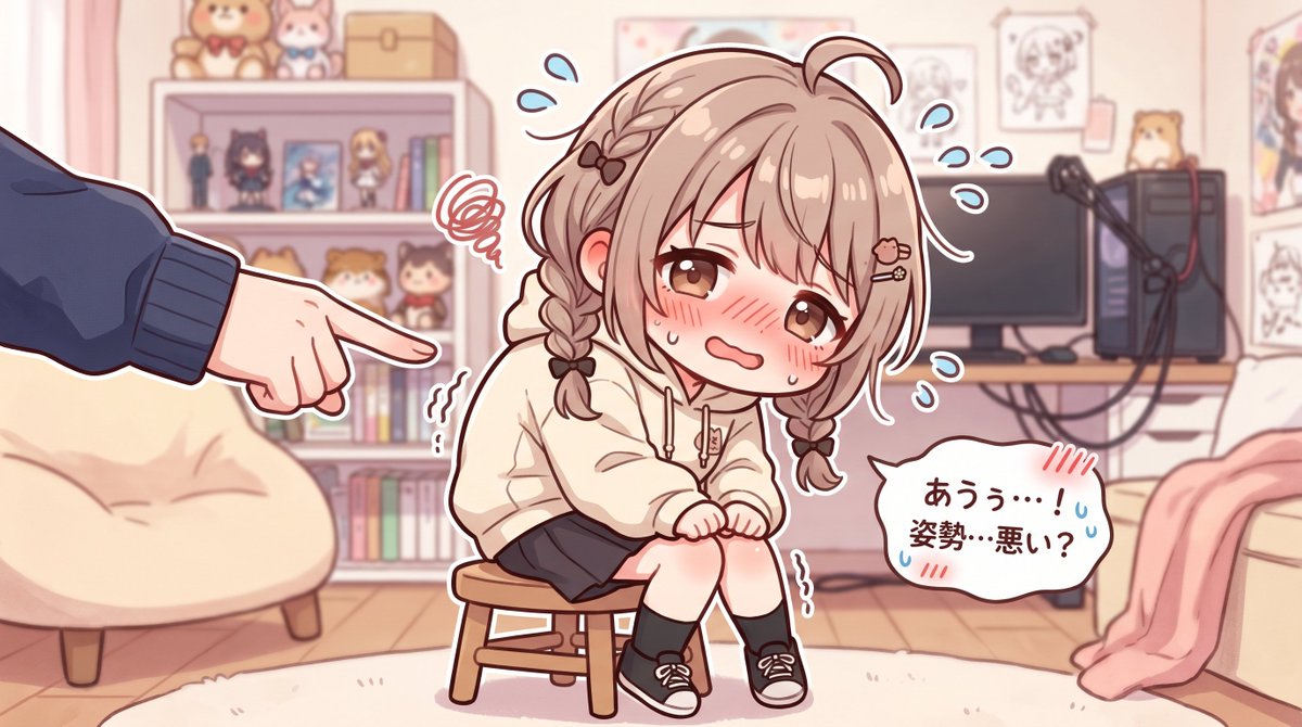 Embarrassed Anime Girl on Tiny Stool Qwen Image prompt example: This prompt generates a cute pastel anime reaction scene of a flustered girl being teased about her posture in a...