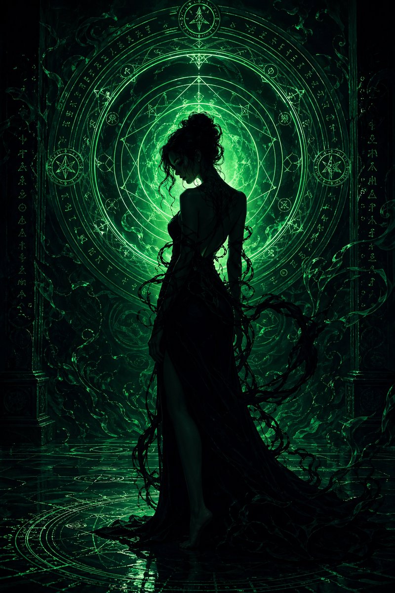 Emerald Dark Sorceress Ritual Qwen Image 프롬프트 예시: This prompt generates a dramatic dark-fantasy character illustration of a silhouetted sorceress before a glowing arcane circle,...
