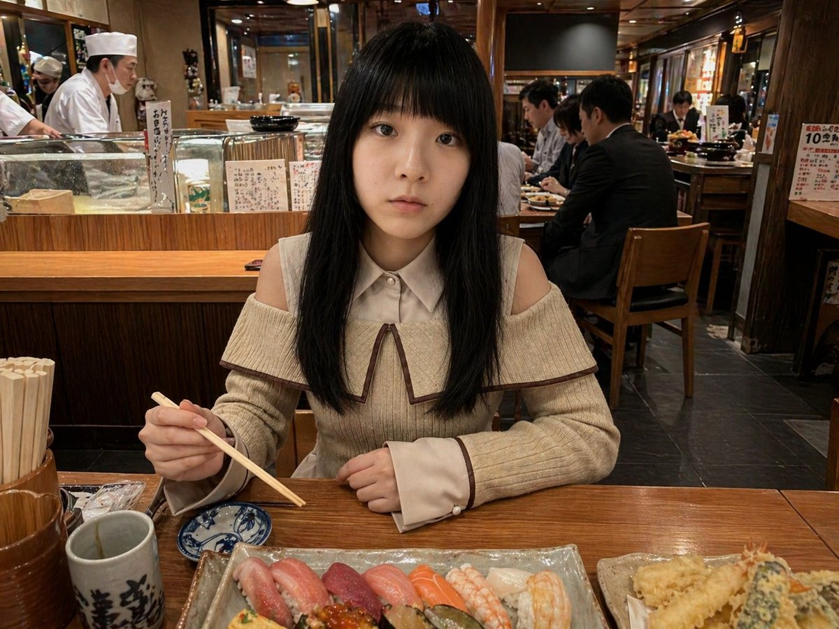 Photorealistic Sushi Counter Dinner Portrait GPT Image 2 prompt example: This prompt generates a realistic candid portrait-style restaurant photo of a woman dining at a Japanese...
