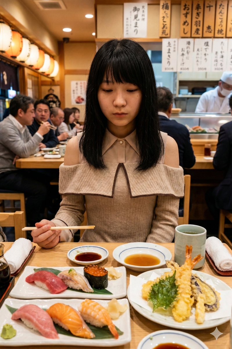 Photorealistic Sushi Counter Dinner Portrait GPT Image 2 prompt example variation 2: This prompt generates a realistic candid portrait-style restaurant photo of a woman dining at...