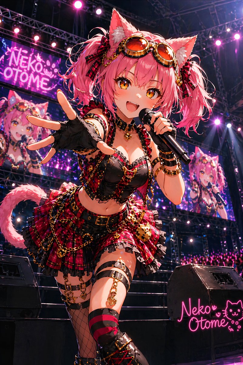 Catgirl Idol Concert Stage のQwen Imageプロンプト例: This prompt generates a dramatic anime-style catgirl idol performing on a neon-lit concert stage, ideal for VTuber, idol, or...