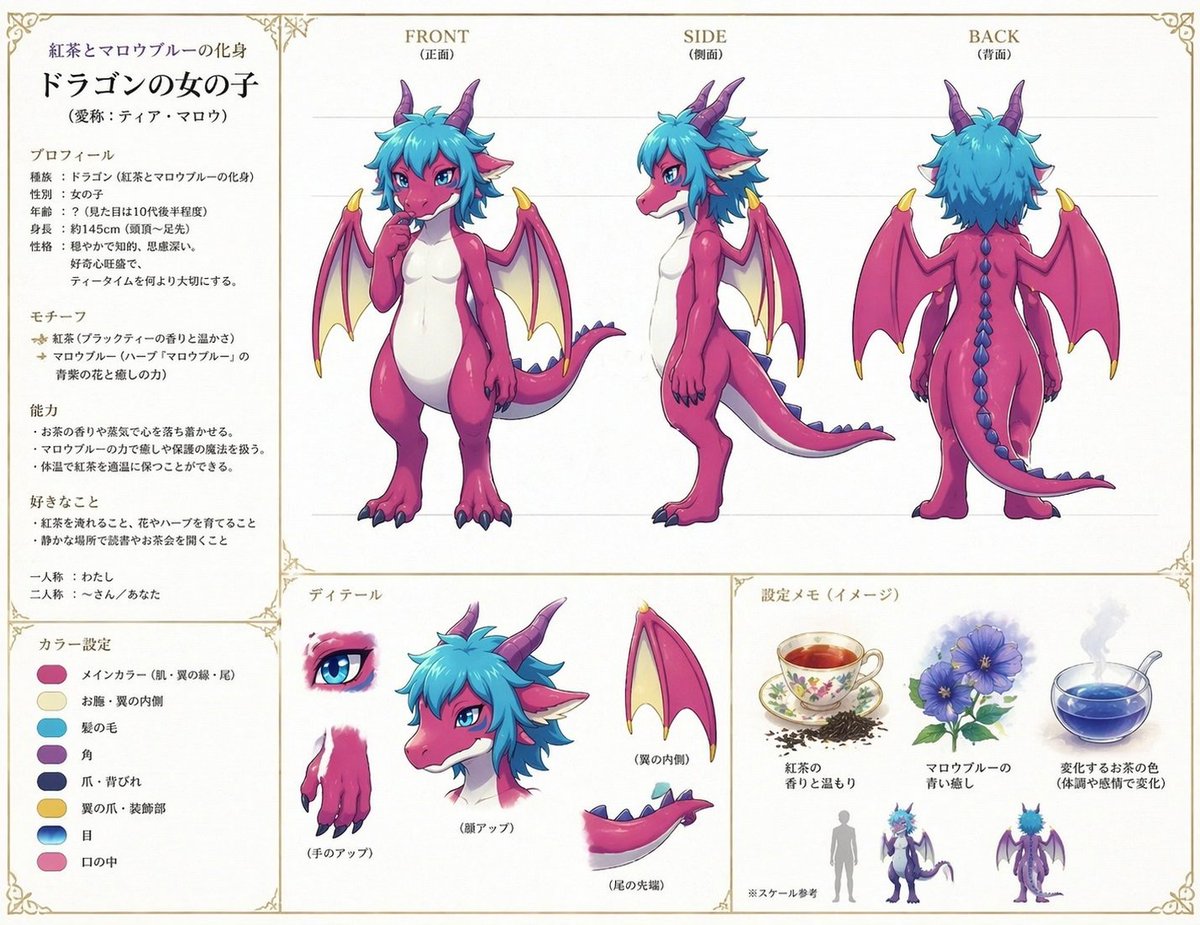 Anime Dragon Girl Reference Sheet GPT Image 2 prompt example: A polished Japanese-style character turnaround sheet for a cute dragon girl, useful for concept design, model...