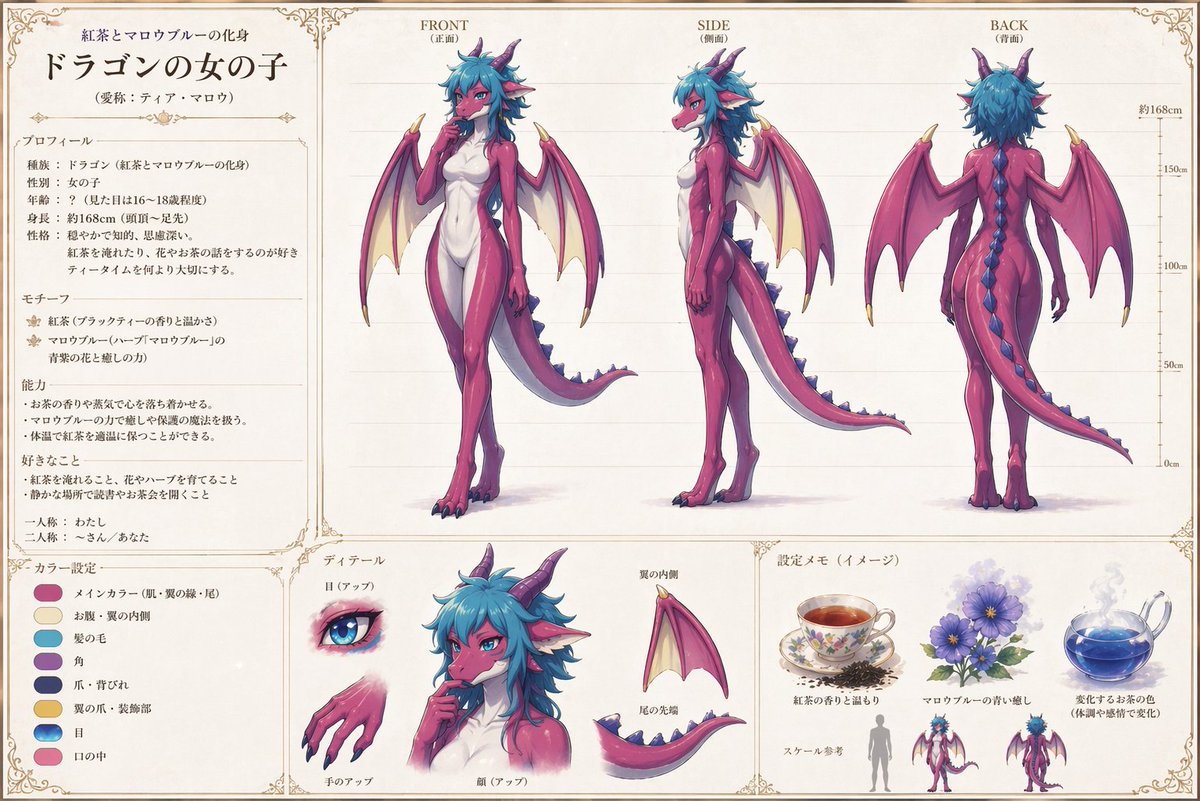 Anime Dragon Girl Reference Sheet GPT Image 2 prompt example variation 2: A polished Japanese-style character turnaround sheet for a cute dragon girl, useful for concept design,...