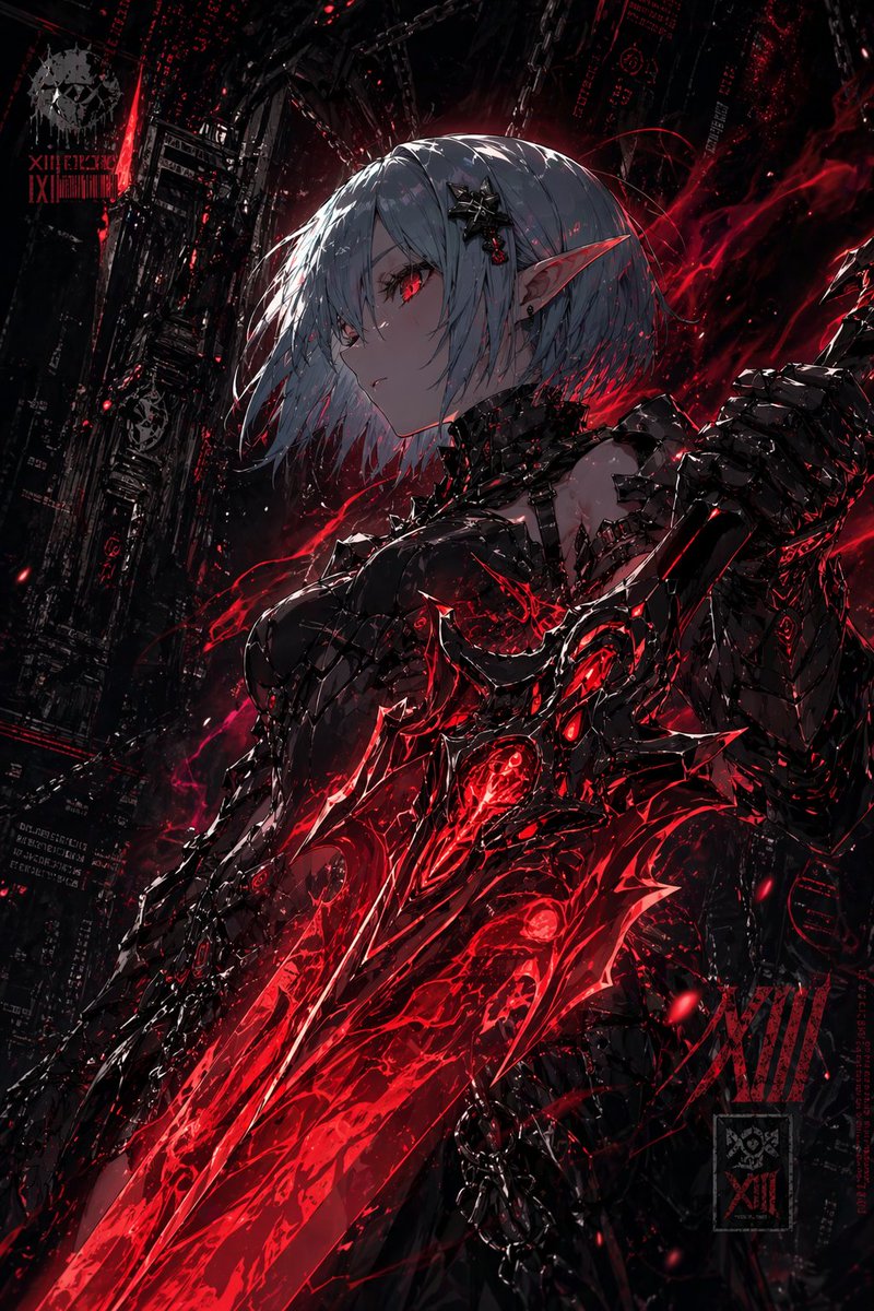 Dark Cyber Elf With Crimson Blade GPT Image 2 prompt example: This prompt generates a dramatic high-detail anime dark fantasy character poster, ideal for concept art, key...