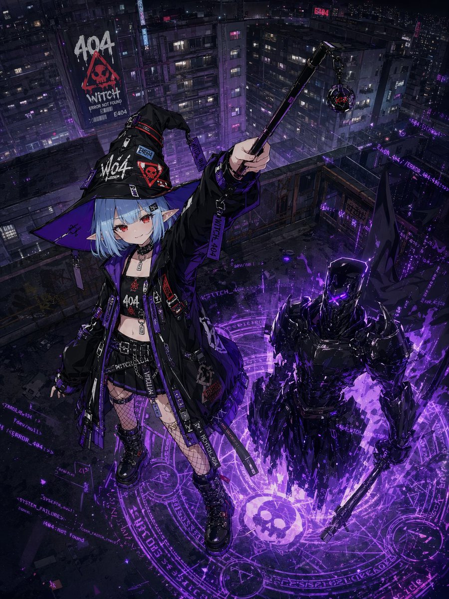 Cyberpunk 404 Witch Summoning のQwen Imageプロンプト例: This prompt generates a detailed anime cyberpunk witch illustration on a neon rooftop, ideal for dark fantasy key art, posters,...