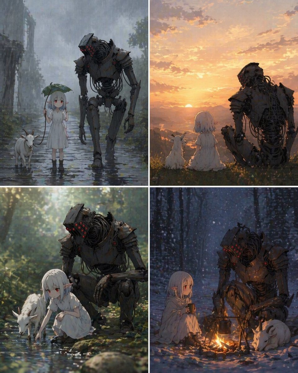 Four-Panel Girl, Robot, and Goat Story Qwen Image prompt example: A cinematic four-scene fantasy collage showing a white-haired child, a protective robot, and a small goat...