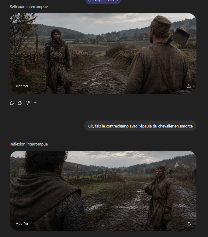 Medieval Shot Reverse Shot のQwen Imageプロンプト例: A cinematic two-angle medieval countershot scene for demonstrating over-the-shoulder framing and shot-reverse-shot composition.