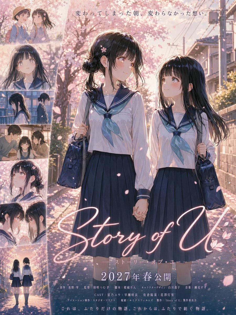 Anime Sakura Movie Poster Qwen Image prompt example: A cinematic Japanese anime poster for a bittersweet girls' coming-of-age romance, ideal for film key visuals, teaser art, or...