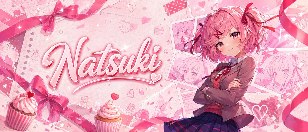 Pink Anime Natsuki Banner Qwen Image 프롬프트 예시: This prompt generates a polished wide anime character banner with a pink romantic scrapbook aesthetic, ideal for thumbnails,...