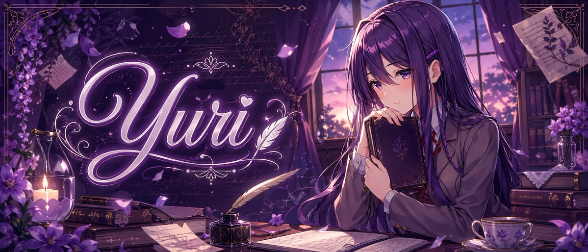 Purple Anime Yuri Banner Qwen Image prompt example: This prompt generates a stylish anime banner of a purple-haired schoolgirl in a literary twilight room with glowing title...