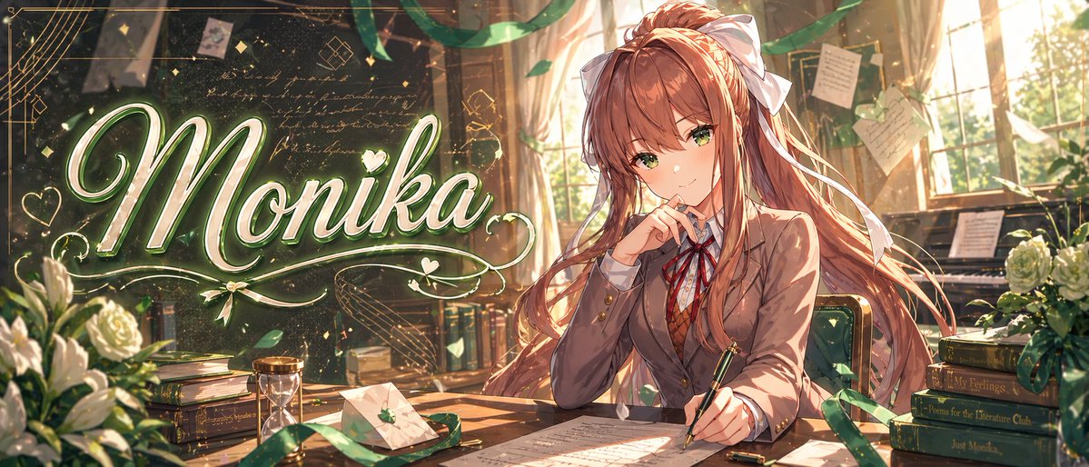 Monika Anime Banner Illustration Qwen Image prompt example: This prompt generates a polished anime-style wide banner of a literature-club schoolgirl in a sunlit classroom, ideal...