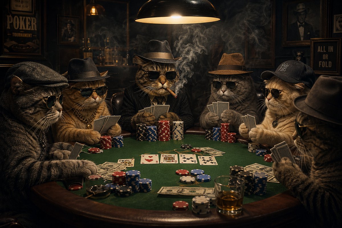 Mobster Cats Playing Poker Qwen Image 프롬프트 예시: A cinematic photoreal prompt for creating a smoky noir scene of seven gangster cats playing poker in a dimly lit underground card...