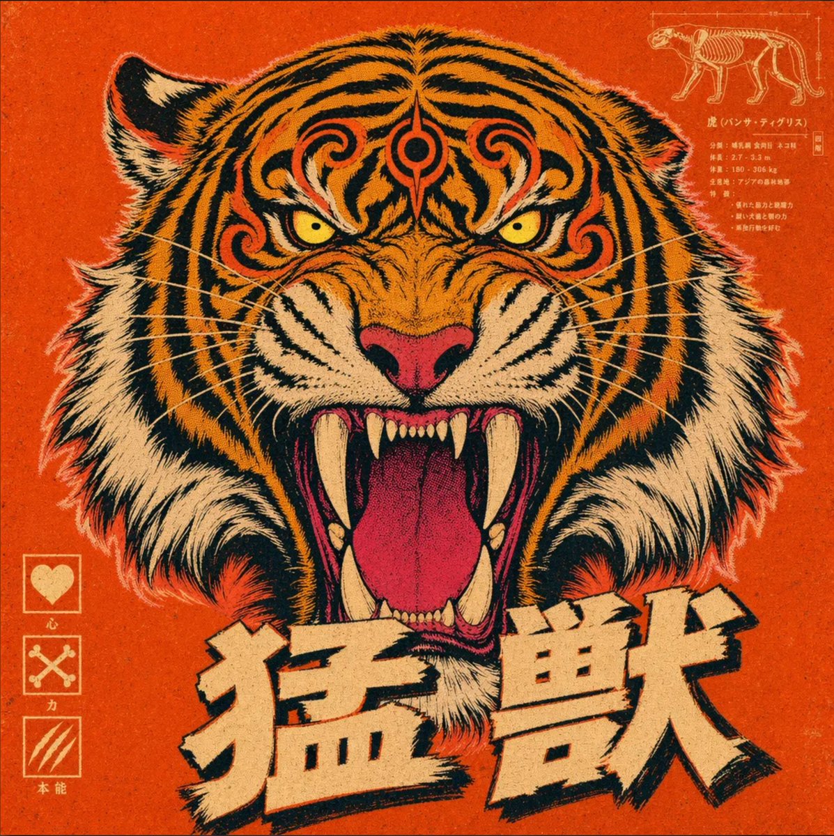 Vintage Roaring Tiger Japanese Poster のQwen Imageプロンプト例: A stylized roaring tiger poster with Japanese typography and infographic-like side details, ideal for bold branding,...