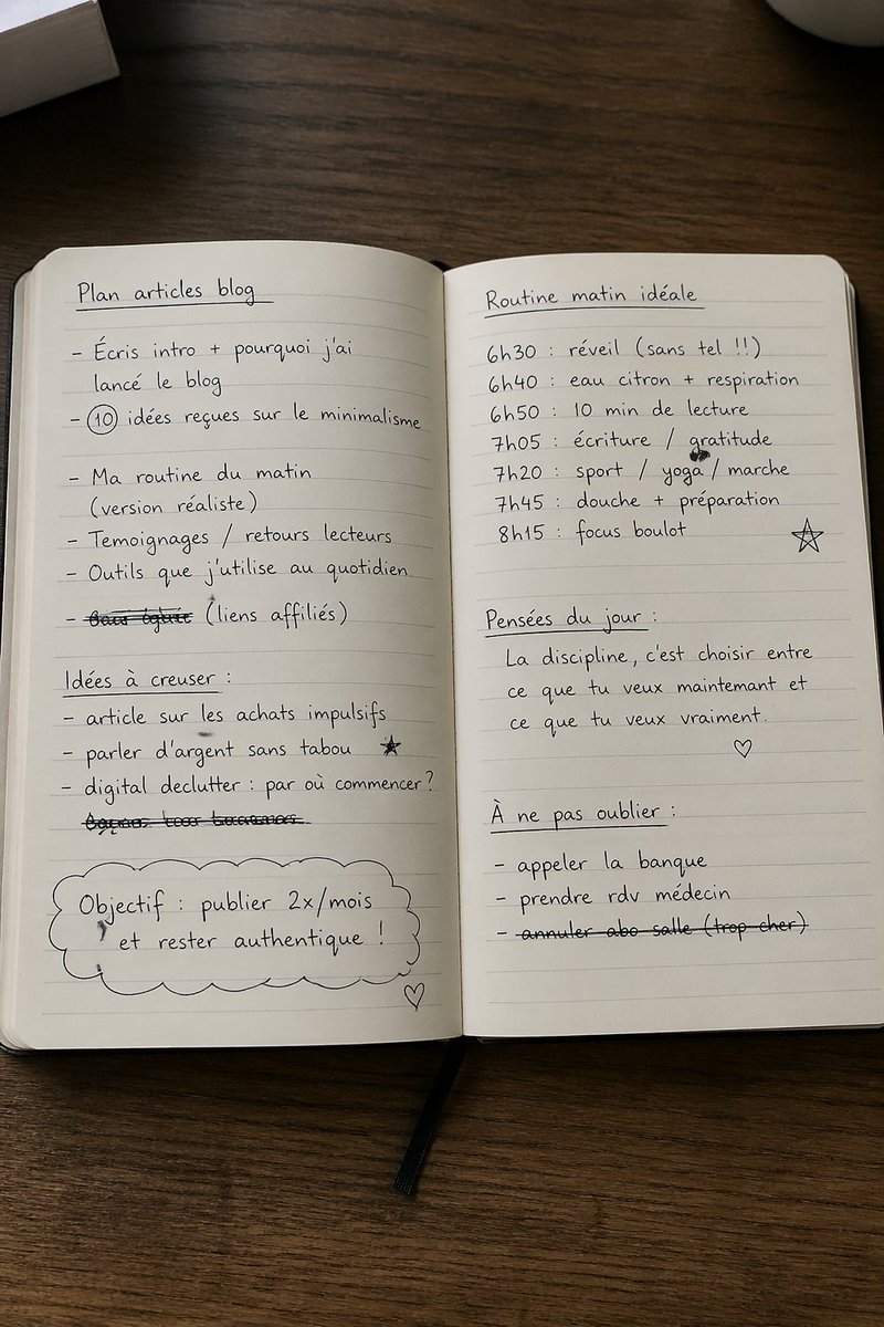 Open Notebook with French Handwritten Plans Qwen Image prompt example: This prompt generates a realistic top-down desk photo of an open notebook filled with handwritten French...