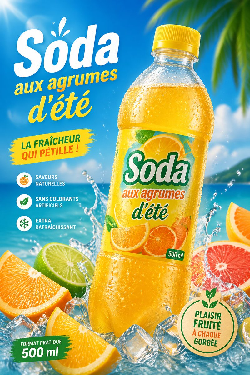Tropical Citrus Soda Ad Poster Qwen Image prompt example: A bright French-language beverage advertisement showing a chilled citrus soda bottle on a tropical beach, ideal for...