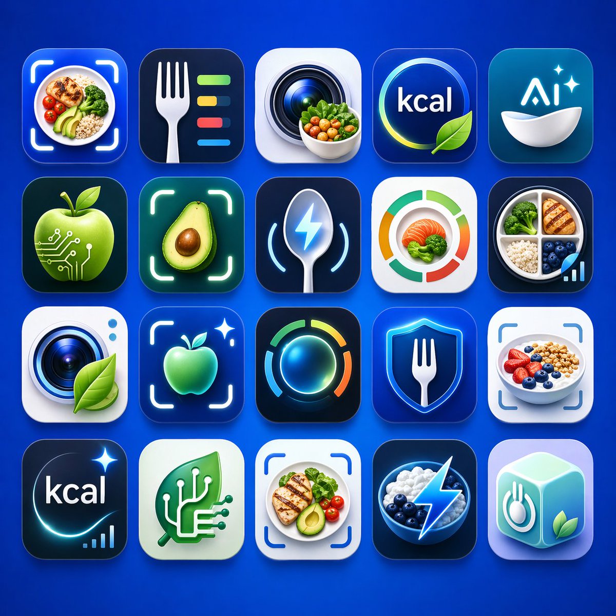 Healthy Nutrition App Logo Grid のQwen Imageプロンプト例: This prompt generates a polished set of 20 cohesive app icon concepts for calorie tracking, food scanning, and AI nutrition...